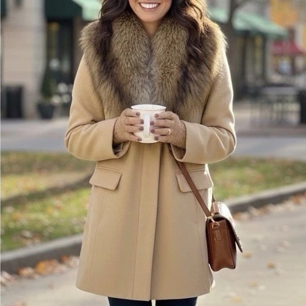Fabulous Furs Tan Coat with Faux Fur Collar